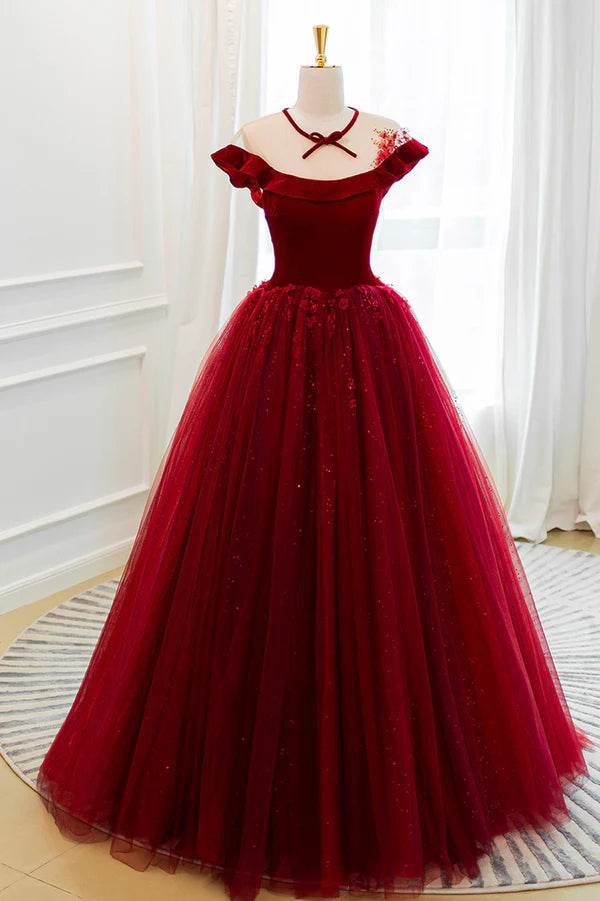Wholesale Burgundy Velvet Tulle Floor Length Prom Dress Lovely Evening Party Dress